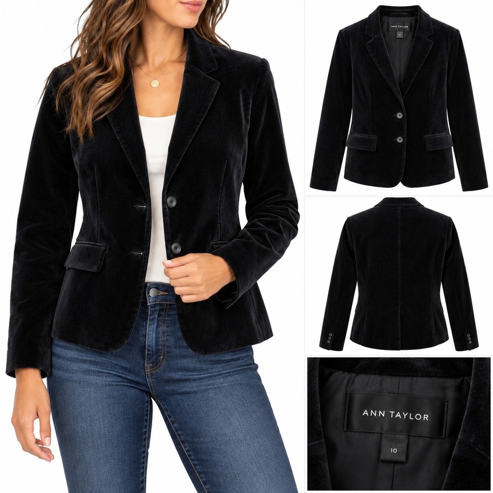 Ann Taylor Factory Black Velour Blazer Women's Size 10 Soft Classic Jacket